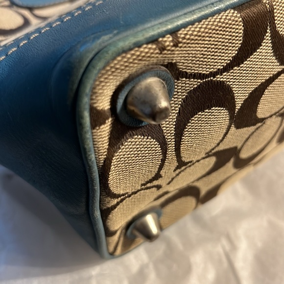 COACH HAMPTON SIGNATURE JACQUARD KHAKI/BROWN SATCHEL WITH TEAL LEATHER TRIM - Picture 11 of 12